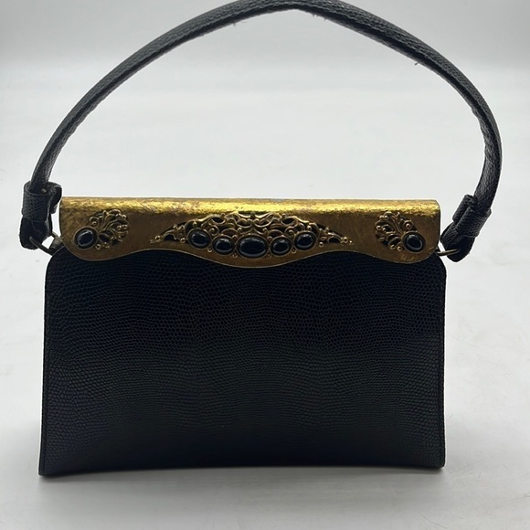 Vintage Handbags - Vintage Black Gold Leather Snakeskin Metal Embellished Evening Bag After Five